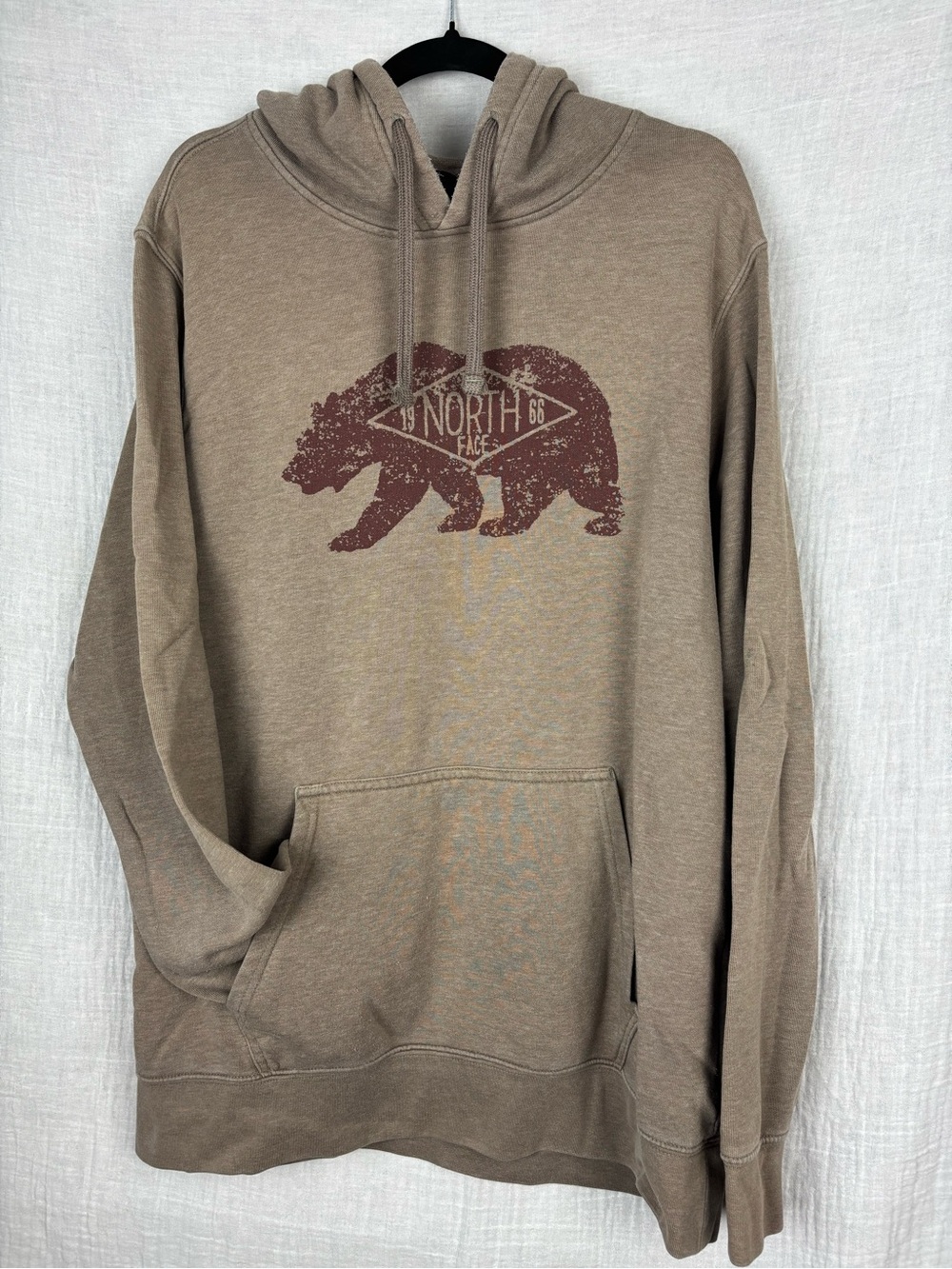 The North Face Men’s XL Taupe Hooded Sweatshirt with Maroon Bear Graphic